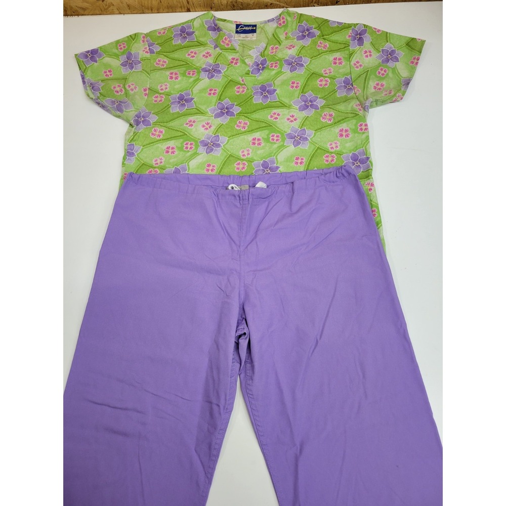 Crest Womens Scrub Set Size L Green Purple Floral Top Lavender Pull On Pants